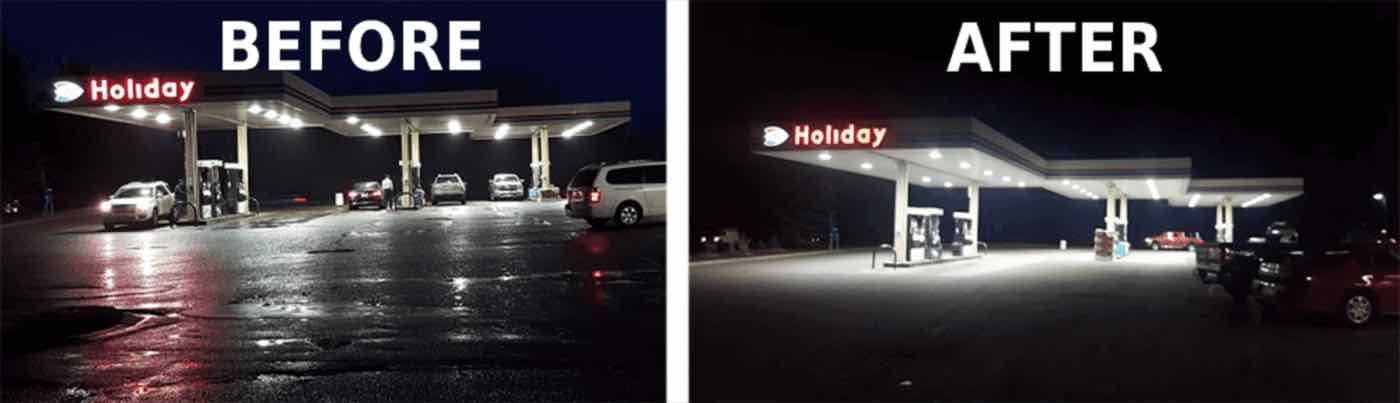 A gas station canopy before and after a lighting upgrade.